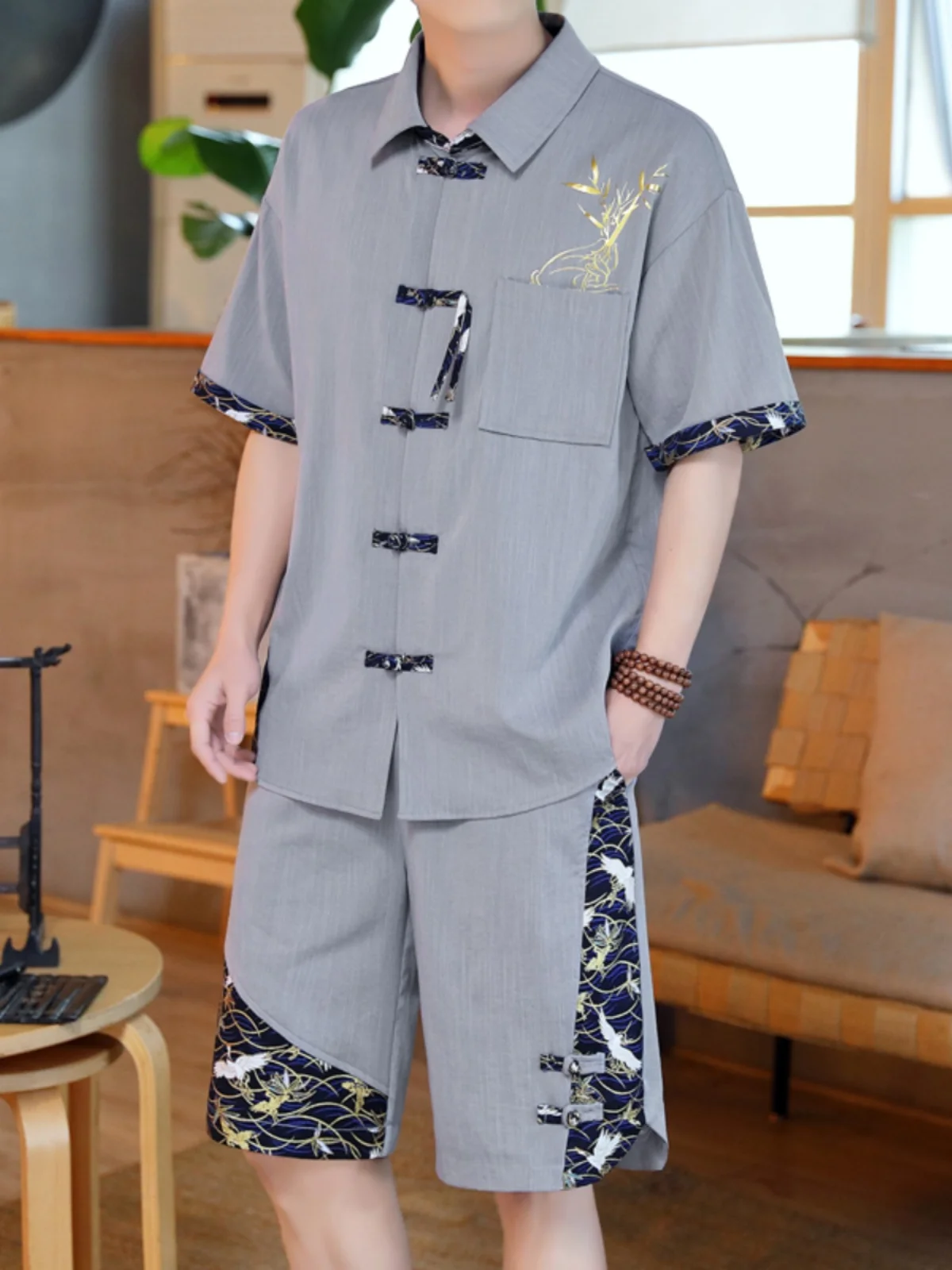 

Summer Men's Tang Suit f Sve Set Vintage Sle Buddhist Faion ort Sve Stand Collar Zhongan Suit Embroidered Co...