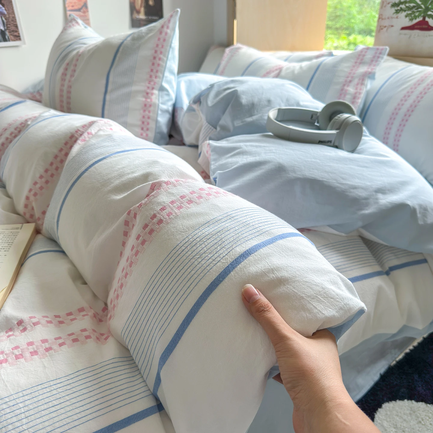 100% Cotton Bedding Set Brushed Grid Solid Double Affordable Luxury Duvet Cover Sheet Set Red Blue Sheet King Queen for Bedroom