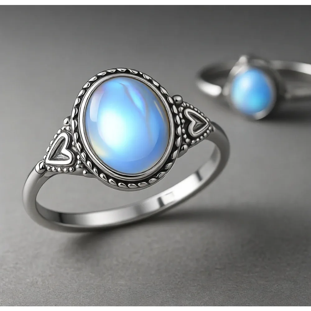 

Винтажное кольцо ручной работы с овальным лунным камнем, меняющим цвет, с покрытием из белого золота 18 карат, для женщин