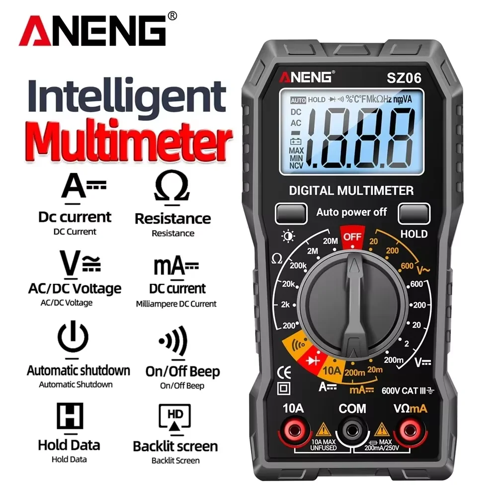 

ANENG SZ06 Smart Digital Multimeter 2000 Count 600V AC/DC Voltage Meter 10A DC Current Ohm Resistance Diode Test Measuring Tools