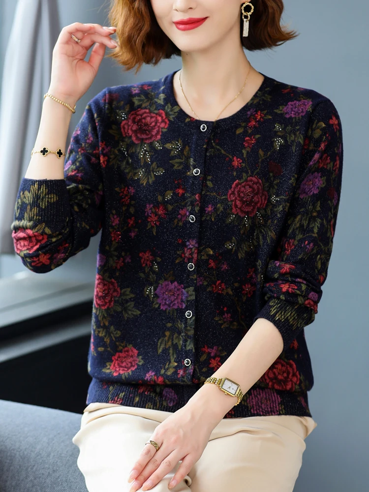 

100% Wool Print Female Cardigans Autumn Spring Knitted Sweater Women Casual Long Sleeve Top Single-breasted Cardigan Women