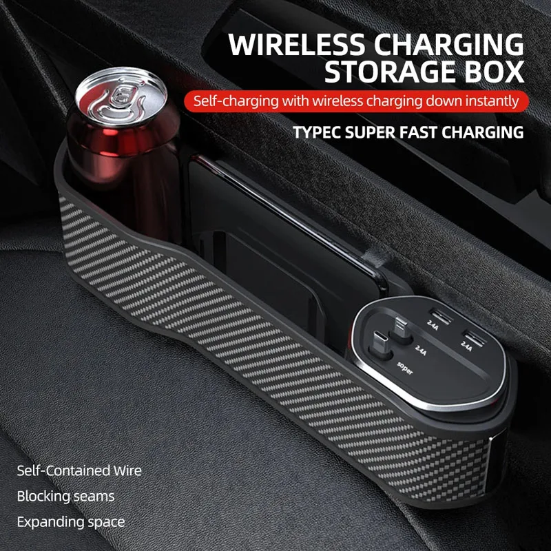 Car Seat Gap Storage Box with Cup Holder Super Fast Charge Organizer Seat Crevice Filler Box Wireless Charging Car Accessories