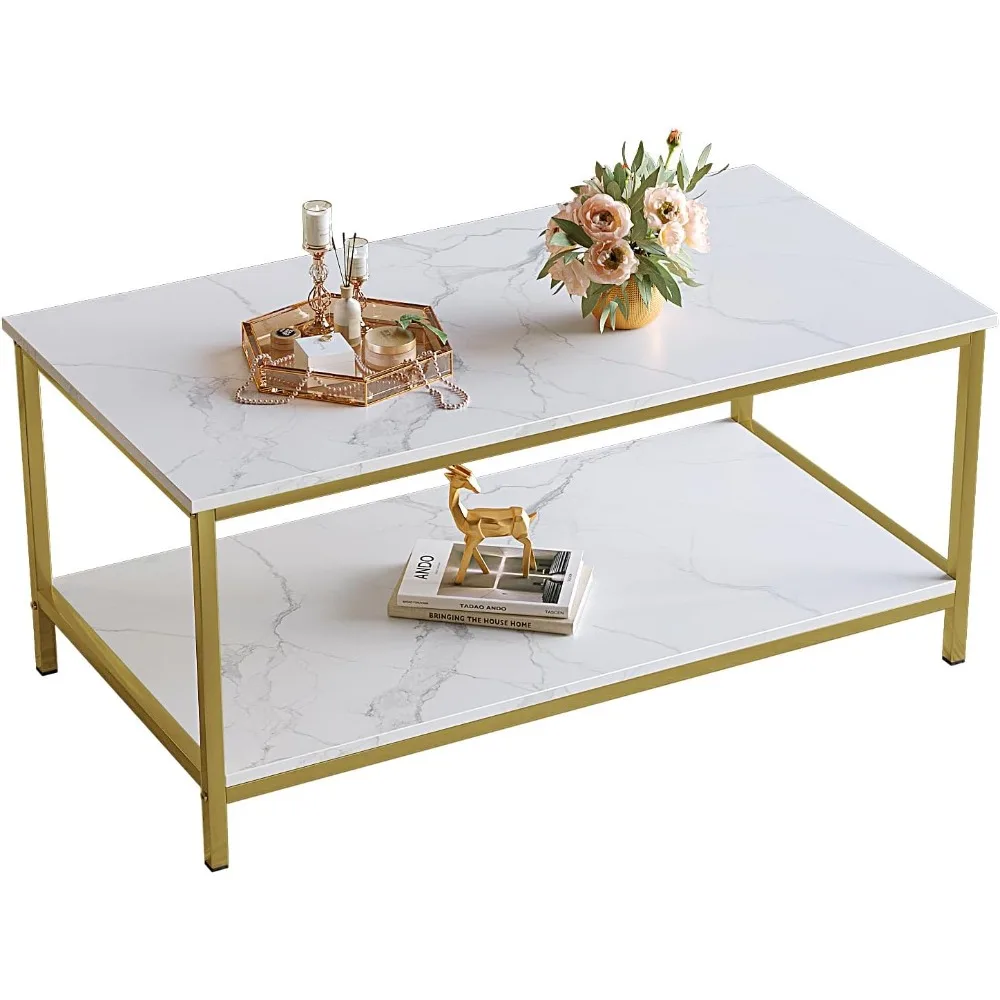 

Modern 2-Tier Coffee Table for Living Room White Gold Coffee Tables Industrial Rectangle Wood Table for Large or Small Spaces H