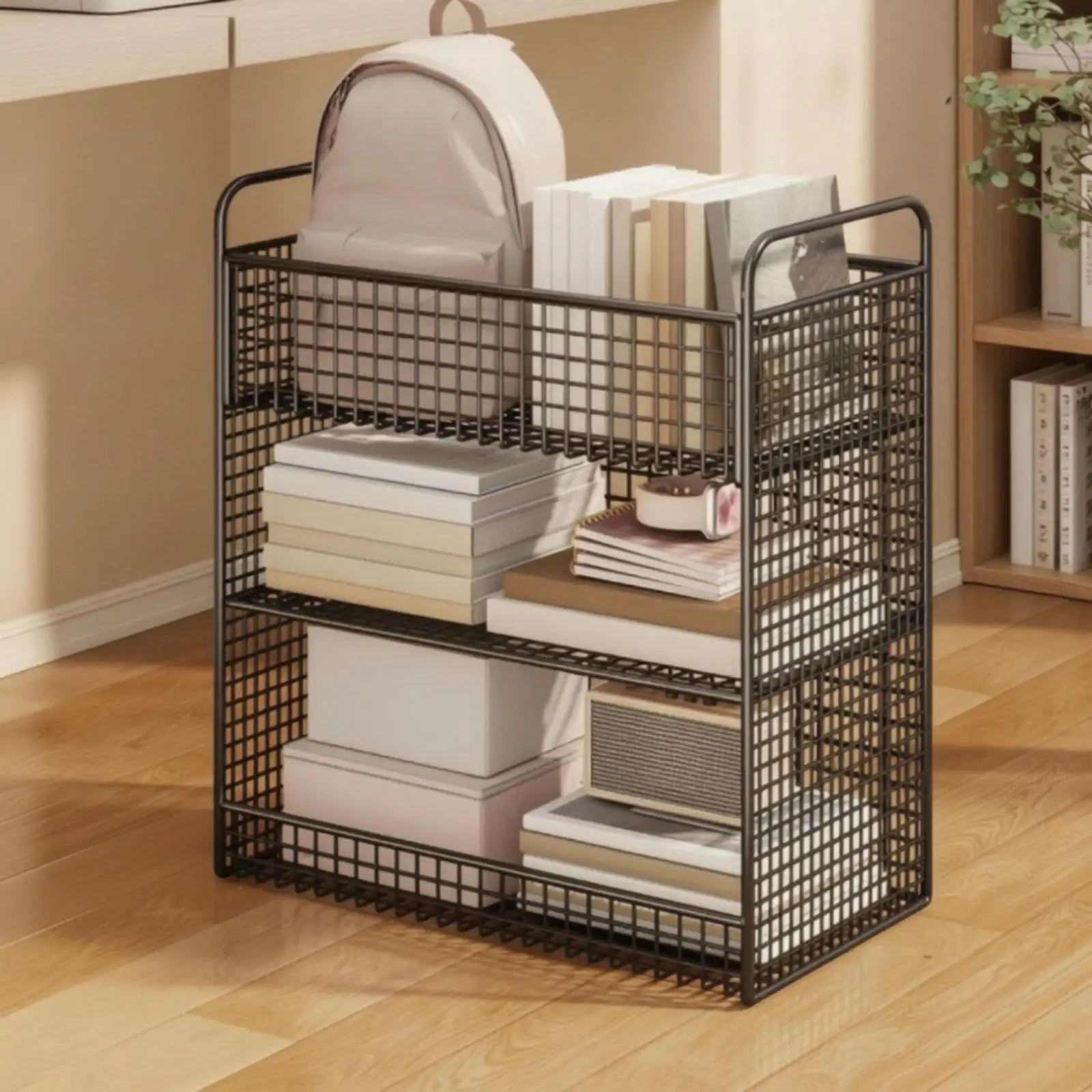 Wire Mesh Storage Rack Open-Grid Three-Tier Organizer Bookshelf with Handles Space-Saving Wire Shelving Unit Metal for Students
