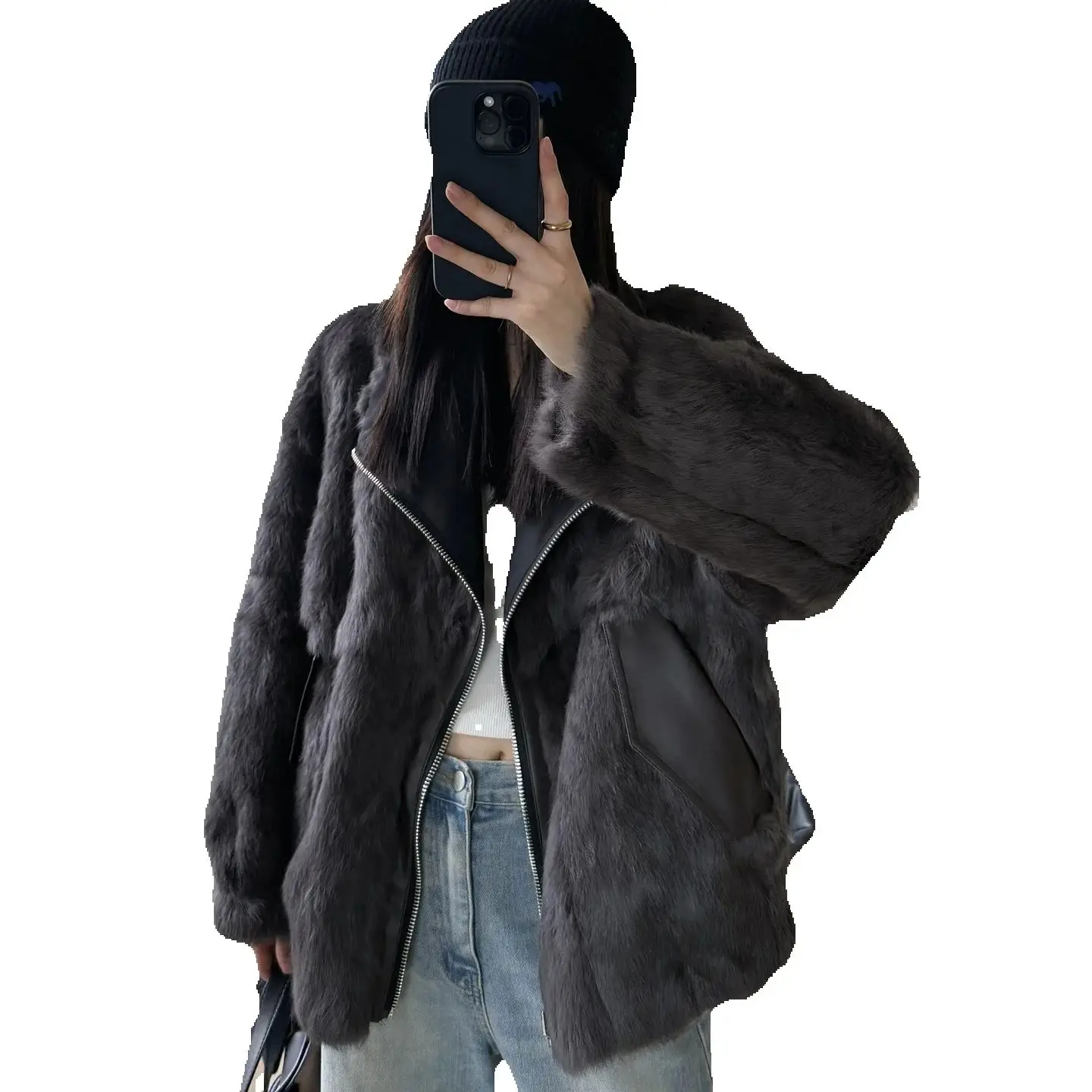 This 2025 autumn/winter new casual loose rabbit fur coat can be worn on both sides. It's a short and stylish women's overcoat th