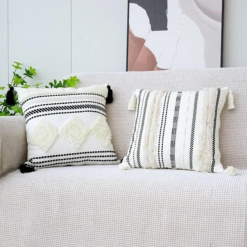 Jacquard Stripe Sofa Pillow Cover Bedside Geometric Hemp Thread Crochet Throw Pillowcase Home Living Room Decorative Pillowcase