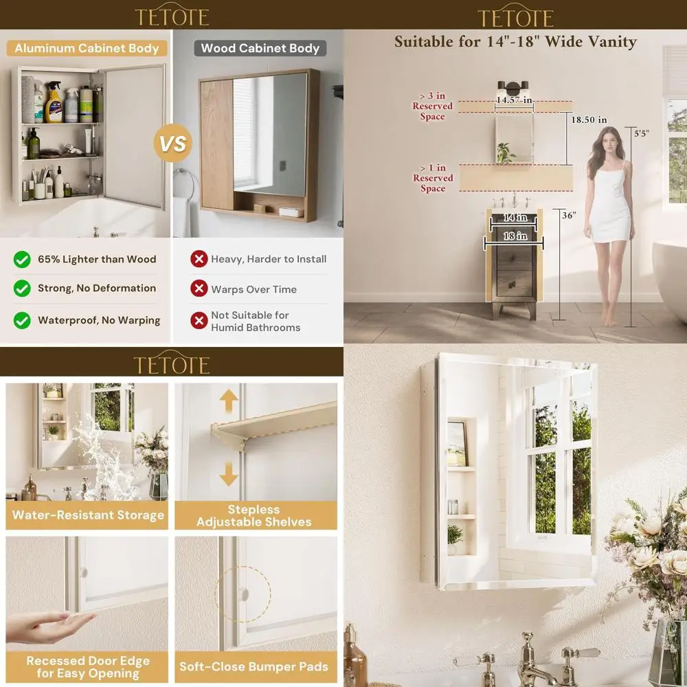 

14 x 18 Tempered Glass Medicine Cabinet with Beveled Mirror, Aluminum Frame, Adjustable Shelves, Recessed or Surface Mount