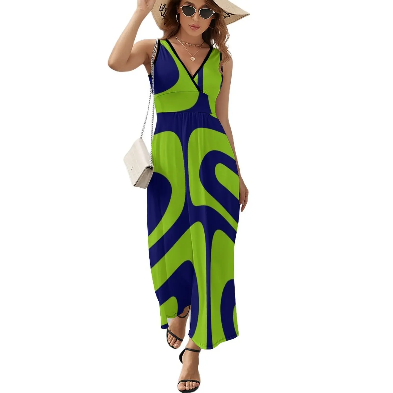 

Mid Century Modern Piquet Abstract Pattern in Bright Navy Blue and Lime Green Sleeveless Dress birthday dress for women