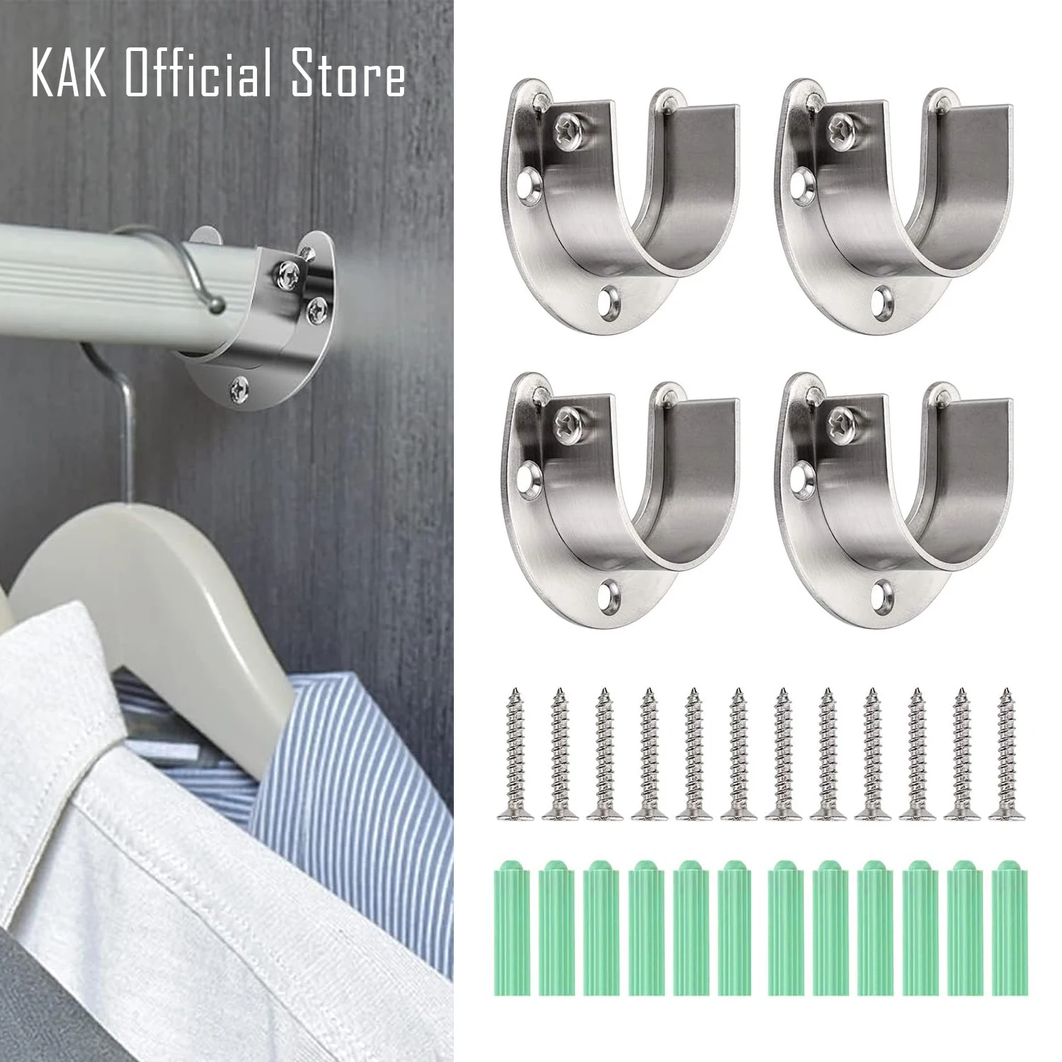 

KAK 4pcs Flange Rod Holder Stainless Steel Closet Rod Brackets U-shaped Shower Curtain Rod Pole End Supports Adjustable Hardware