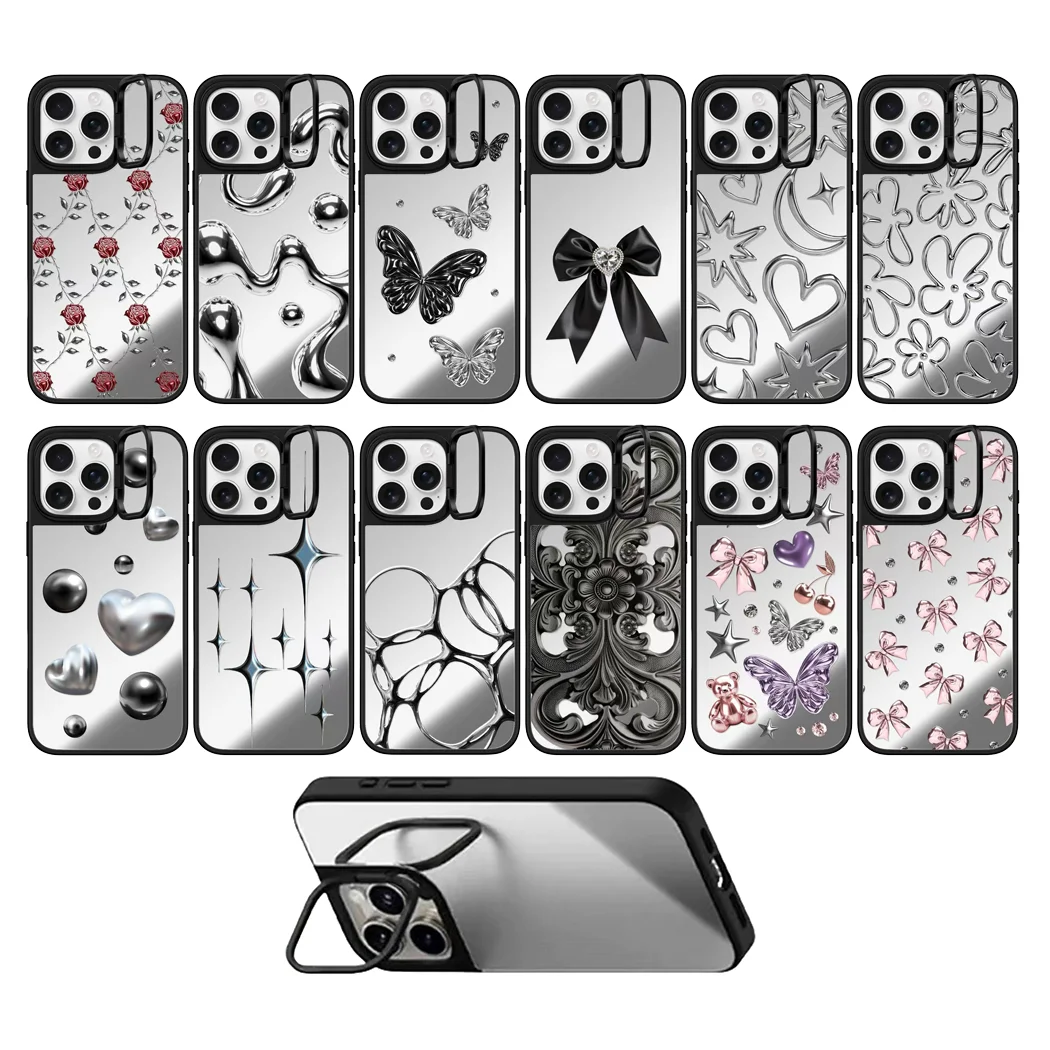

Bowknot Flower Heart Star Camera Stand Mirror Magnetic Phone Case Cover for IPhone 16 15 14 13 12 Pro Max Case