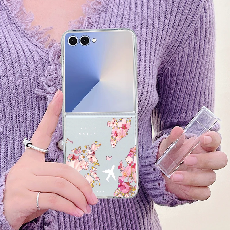 Pink Flower Printed Phone Case For Samsung Galaxy Z Flip7 Flip6 Flip5 Flip4 Flip 7 FE 6 5 3 5G Clear Hard PC Folding Back Cover view 5