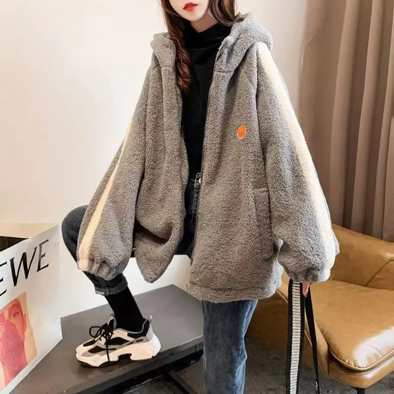 

Coat Women Imitation Lamb Wool Warm 2024 Winter New Loose Splicing Contrasting Color Hooded Coat