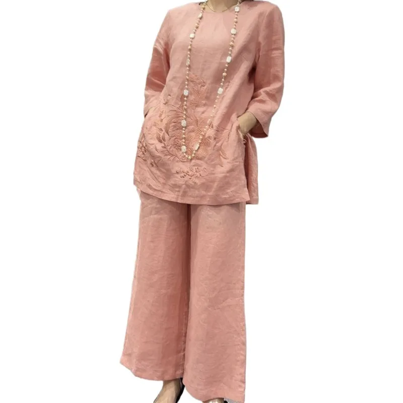 

Cotton and Linen Cropped Sleeve Top, Wide-leg Pants, Slacks Suit, 2026 Summer New Fashion Embroidery Two-piece Women's Clothing