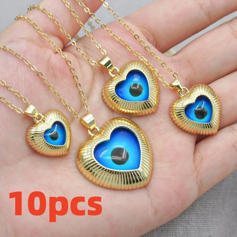 

10pcs Islamic Heart Turkish Evil Eye Necklace Set Extendable Copper Chain 18+2 inch Religious Jewelry Gift Wholesale