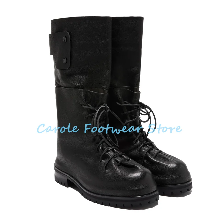 Punk Chunky Bottom Height Increasing Male Knight Boots Handmade Pleated Leather Lace-up Knee High Boots Men's Casual Shoes