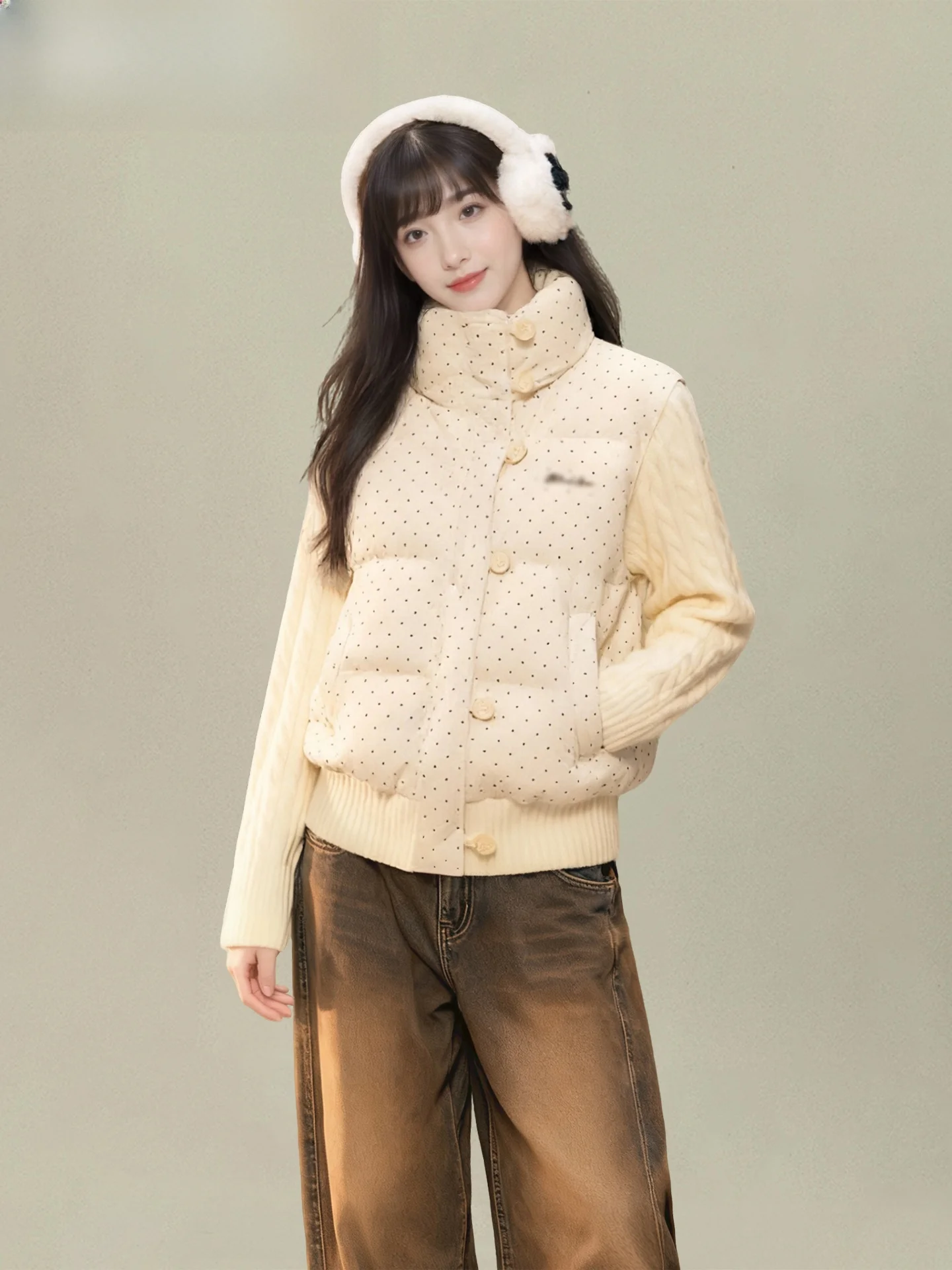 

Милый вязаный лоскутный воротник-стойка в горошек, хлопковый тюре, женский теплый сли, зимнее новое поступление, корейский свободный костюм...