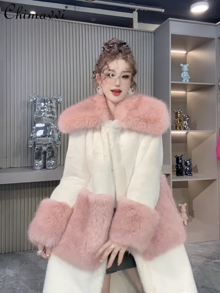 Nowe zimowe ubrania 2025, gruby płaszcz z futra dla kobiet, luksusowy płaszcz średniej długości z kołnierzem z sztucznego futra lisa, długi rękaw, luźny, elegancki, ciepły.