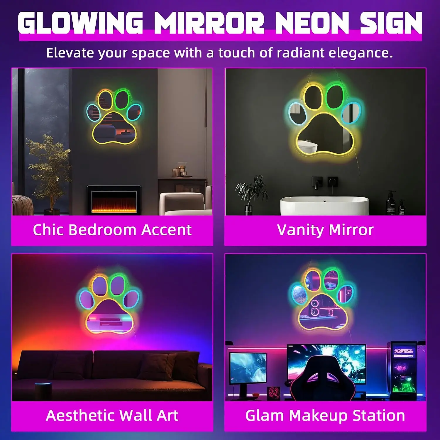 Paw Print Mirror Neon Sign USB Powered LED Neon Light for Girls Bedroom Makeup Room Beauty Salon Wall Art Decoration Gift