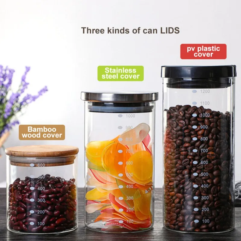 Wood Lid Glass Airtight Canister Kitchen Storage Bottles Jar Vacuum Glass Sealed Jar Tea Coffee Beans Grains Candy Food Containe