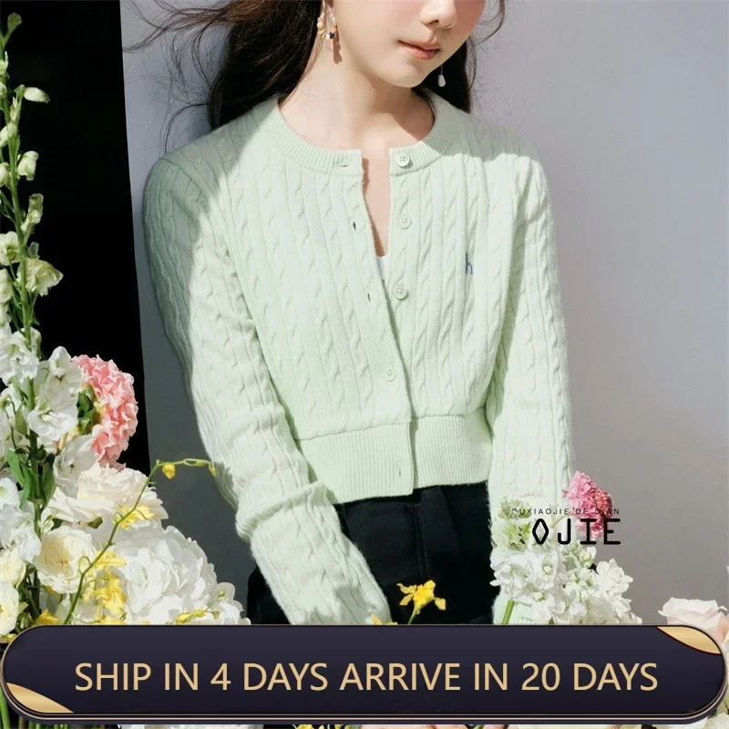 

Tang Songyun Style Sweater Cardigan Korean Version Green Round Neck Long Sleeve Tweed Short Knitted Jacket Women's Tide