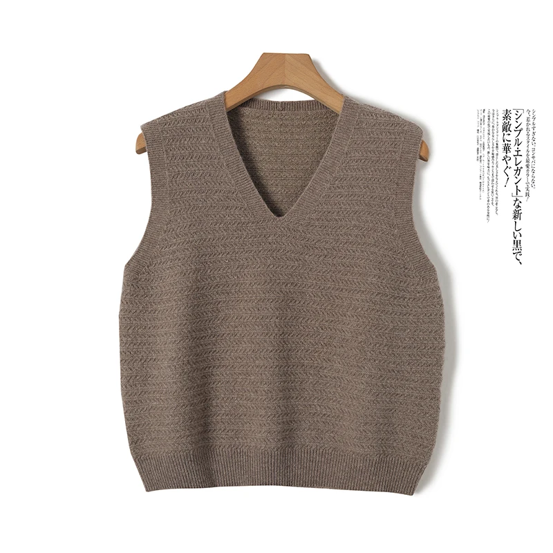 Autumn Winer Women V-neck Waistcoat 100% Merino Wool Knitwear Basic Twist Flower Casual Simple Style Sleeveless Pullover Sweater