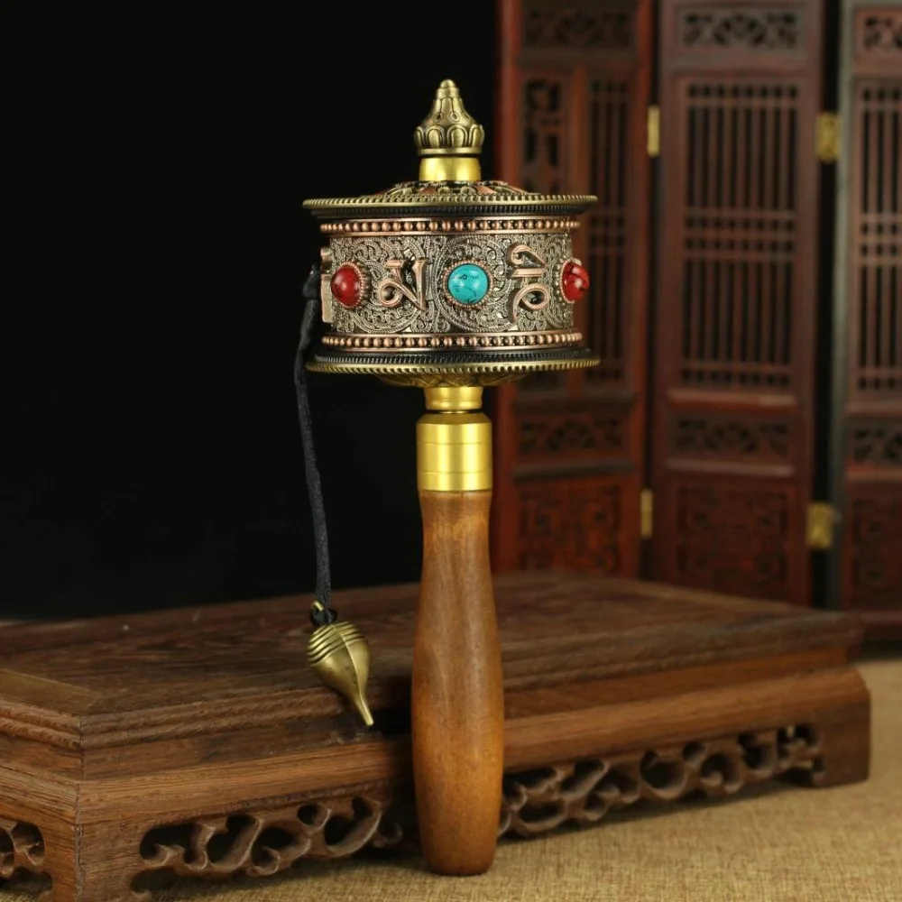 Wholesale Buddhist articles  -Tibetan Buddhism efficacious Tantric talisman  The mani wheel prayer wheel + lotus base statue