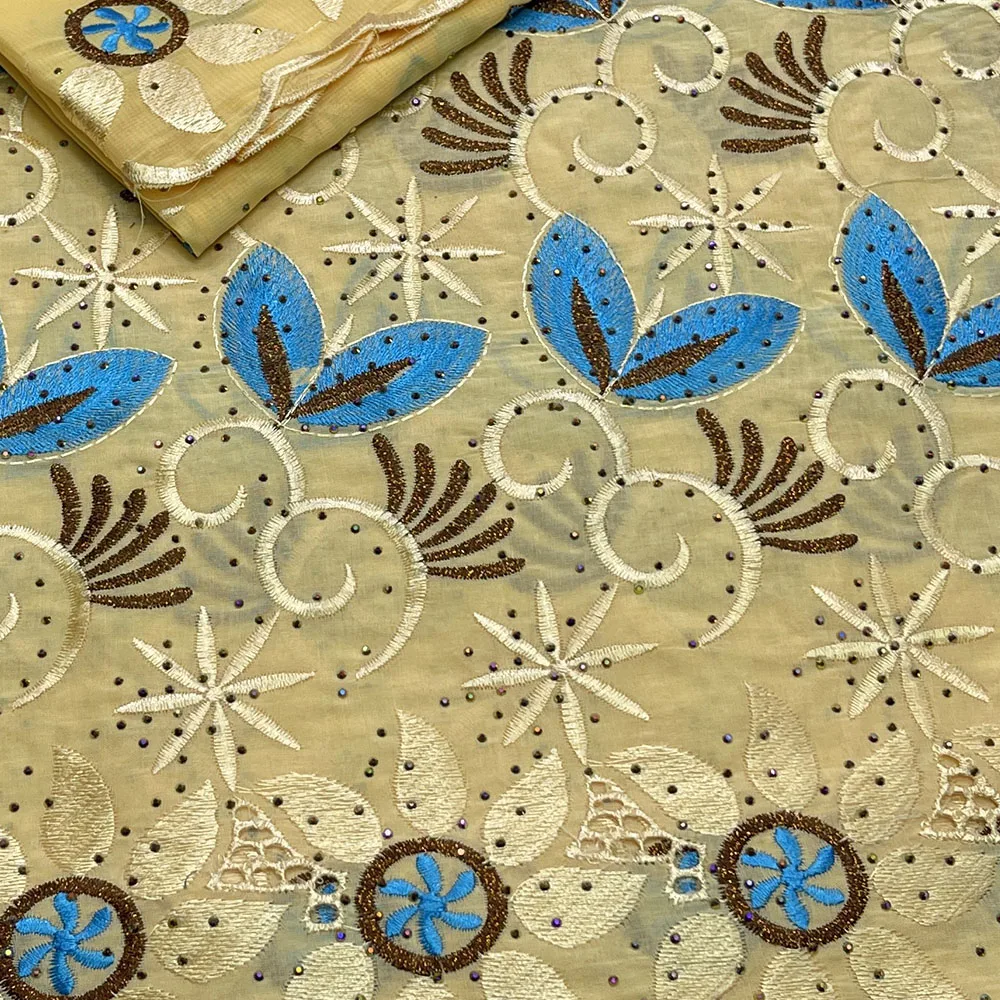 Nice Quality 5 Yards Cotton Embroidered Fabric Set With 2 Yards Scarf Rhinestones  Decorate For Women Dress 03C40