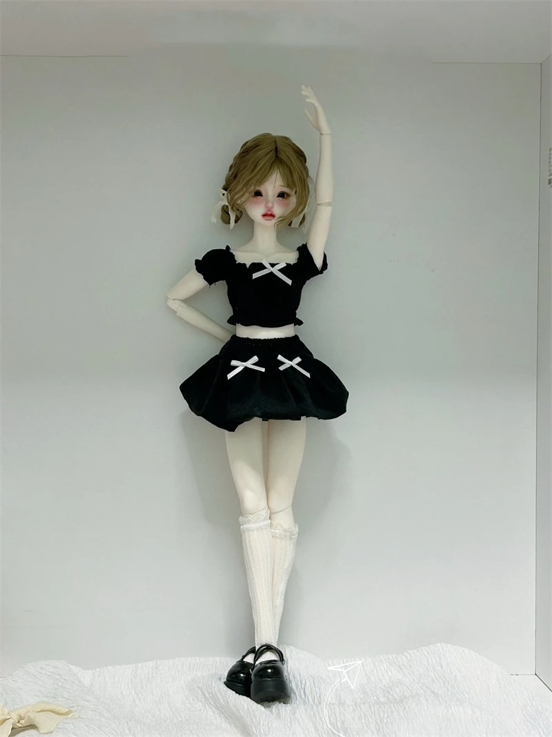 Roupas de boneca bjd adequadas para tamanho 1/4, manga bufante, top, saia de botão de flor, conjunto de roupas, acessórios de boneca (2 pontos)