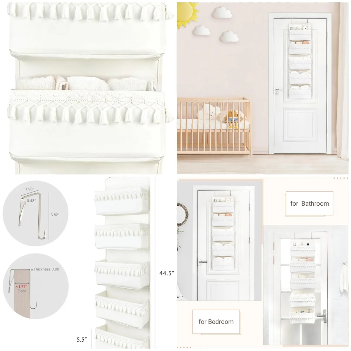 

Органайзер над дверью в стиле бохо с кисточками, белый шкаф для хранения с 5 карманами для детской, спальни, ванной комнаты, общежития, кладовой