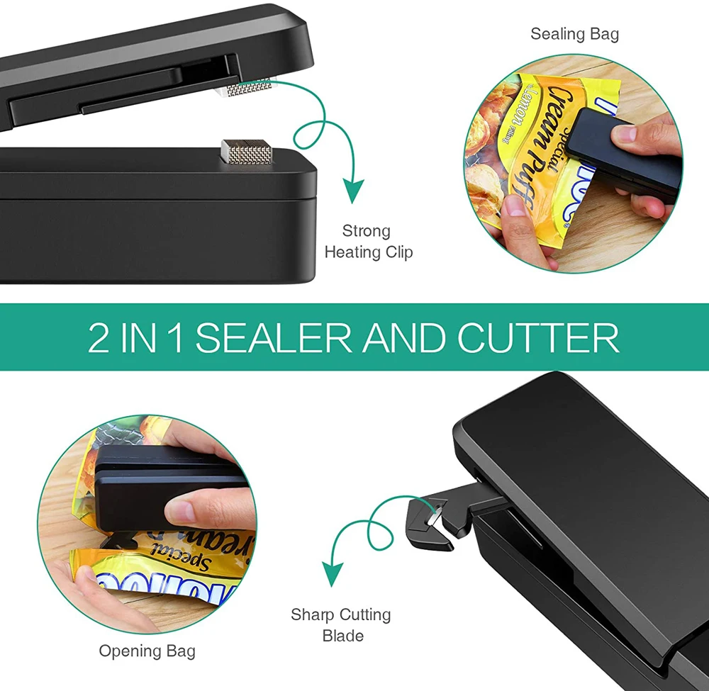 Mini Bag Sealer 2-in-1 Portable Heat Sealers USB Rechargeable Handheld Vacuum Heat Sealers &Cutter for Plastic Bag Storage Food