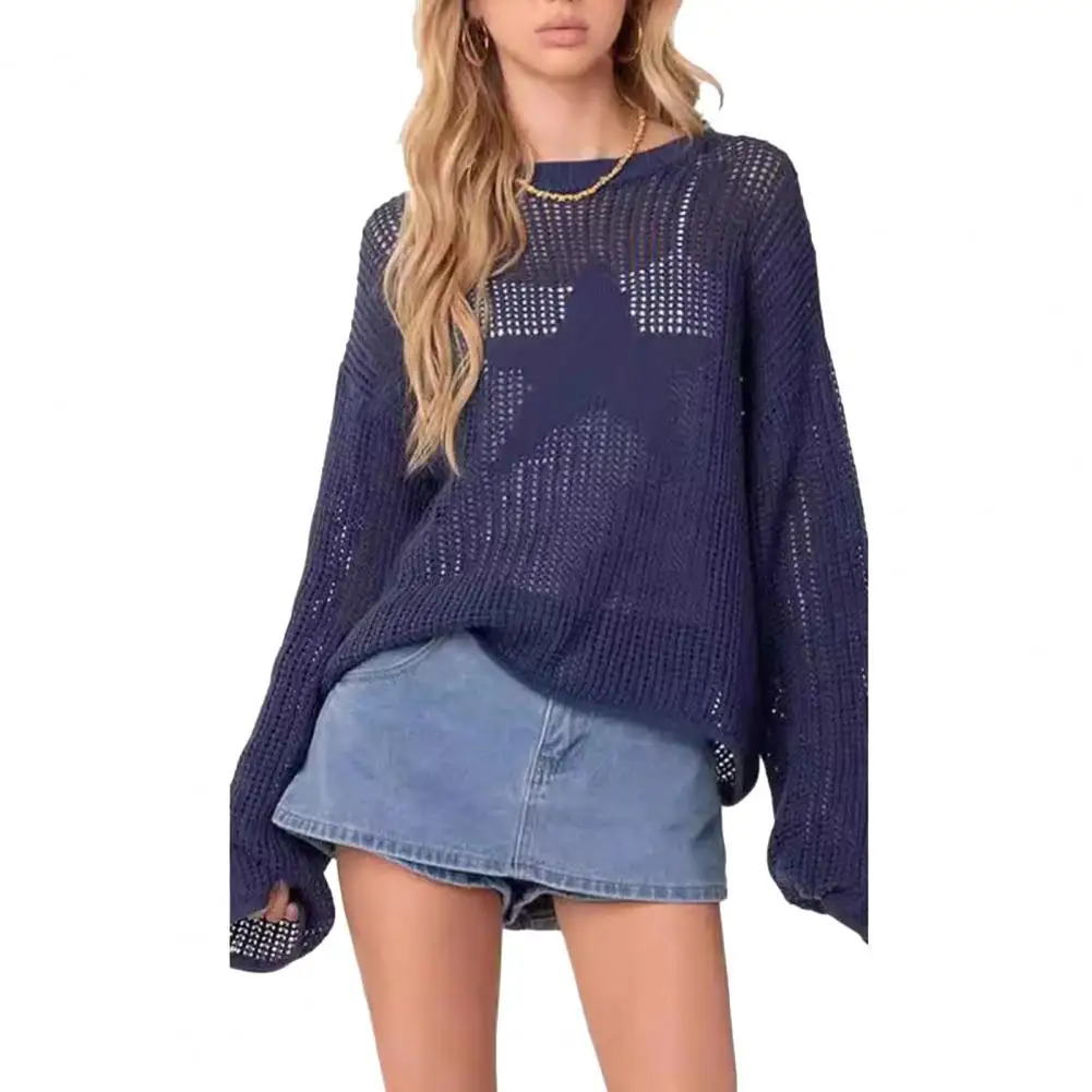 

Women Knitwear Hollow Jacquard Star Design Women's Loose Fit Knitting Tops for A Soft Skin-friendly Polyester Cover Up Stretchy