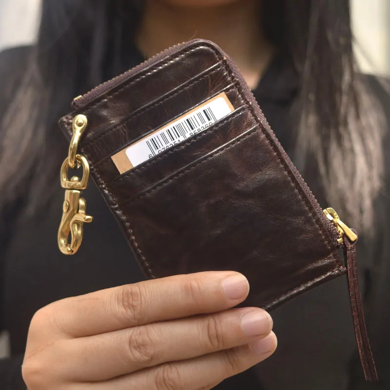 AETOO Handcrafted retro and high-end vegetable-tanned cowhide portable loose change bank card case, genuine leather storage smal