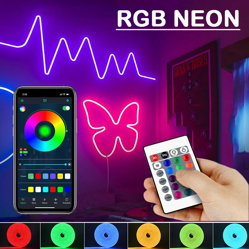 أضواء شريط LED نيون RGB، أضواء حبل نيون LED مع جهاز تحكم عن بعد للتطبيق، مزامنة الموسيقى، تصميم أضواء مرنة يمكنك صنعها بنفسك لغرفة النوم