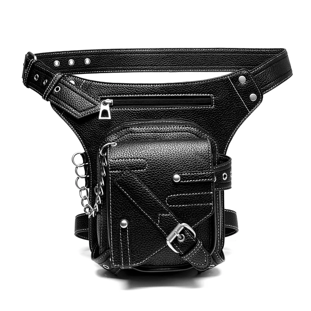 Riñonera de cuero Pu para hombre, bolso de pierna con cadena Retro europea y americana para motocicleta, para exteriores