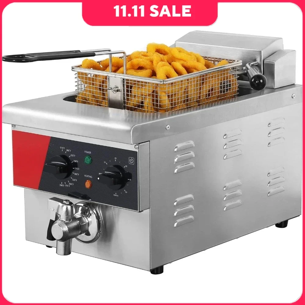 6L Electric Countertop Deep Fryer, 120V 1800W  Extra Large with Drain,Timer,Basket and Lid, Commercial Deep Fryers