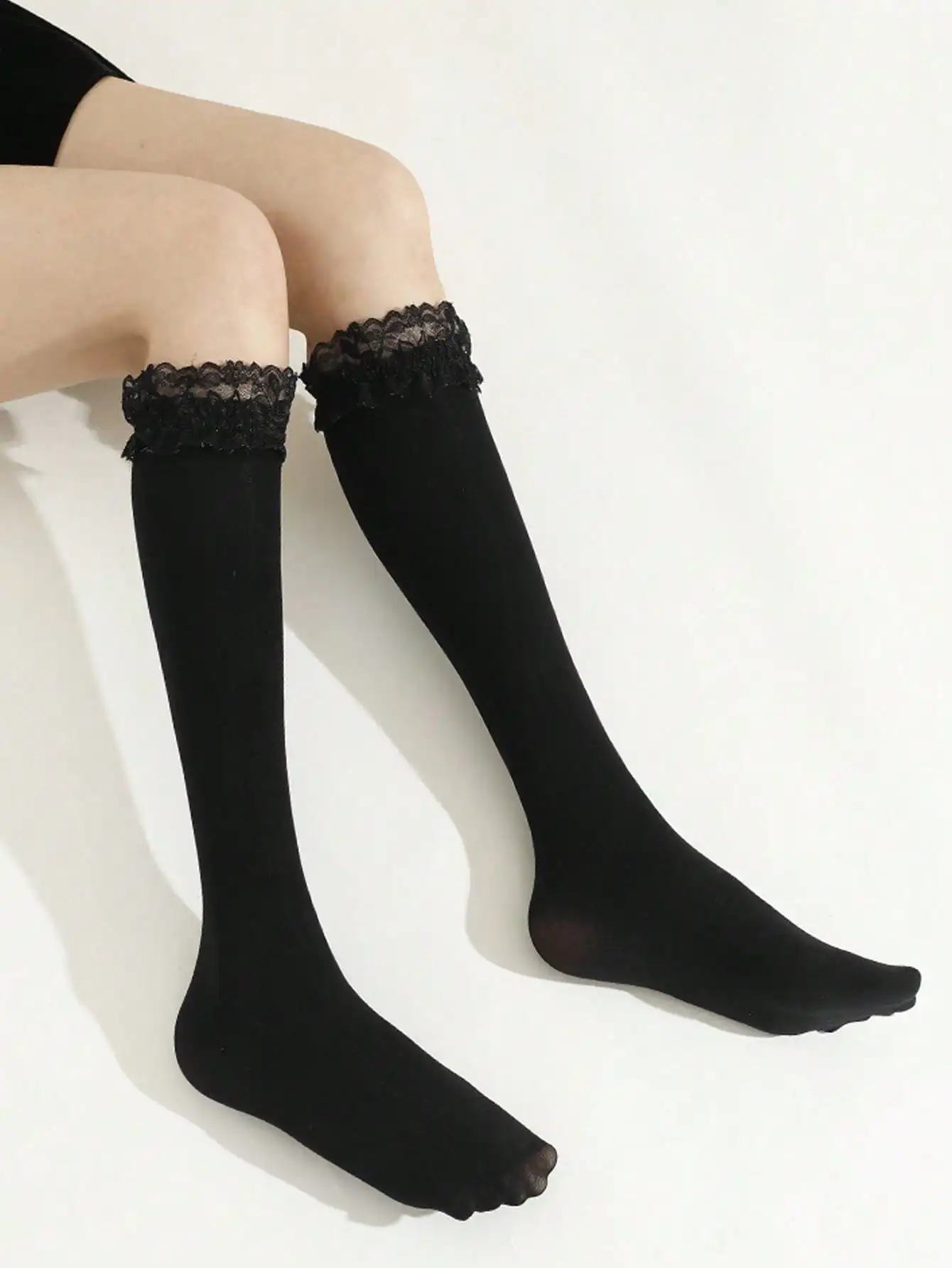 Women's Black Calf-Length Double Lace Ruffle Trim Opaque Socks, Preppy Gothic Style Hosiery for Daily & Party Wear view 2