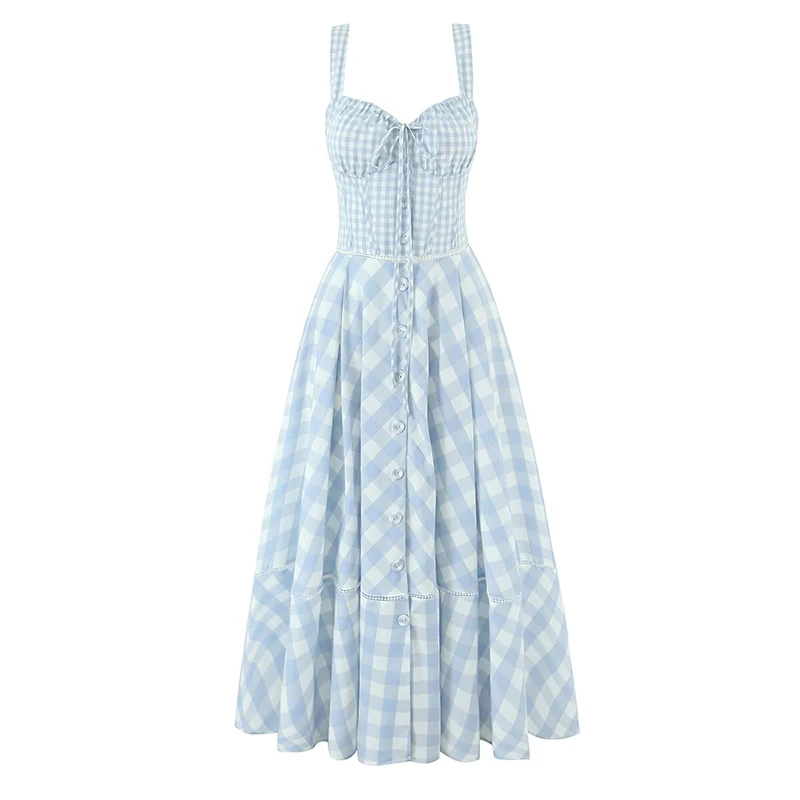 

YENKYE Sexy Sling Corset Style Patchwork Plaid Dress Women Front Button Elegant A-line Midi Summer Dresses Lace Up Bandage Robe