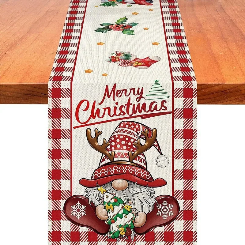 VIKAMA Farmhouse Gnome Tomte Wood Grain Rustic Table Runner Washable Polyester Scarf for Wedding Party Kitchen Dining Table
