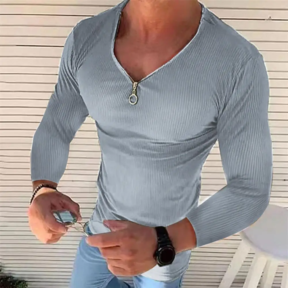 Men Shirt  Ribbed   Men T-shirt Pure Color Slim Fit Pullover T-shirt