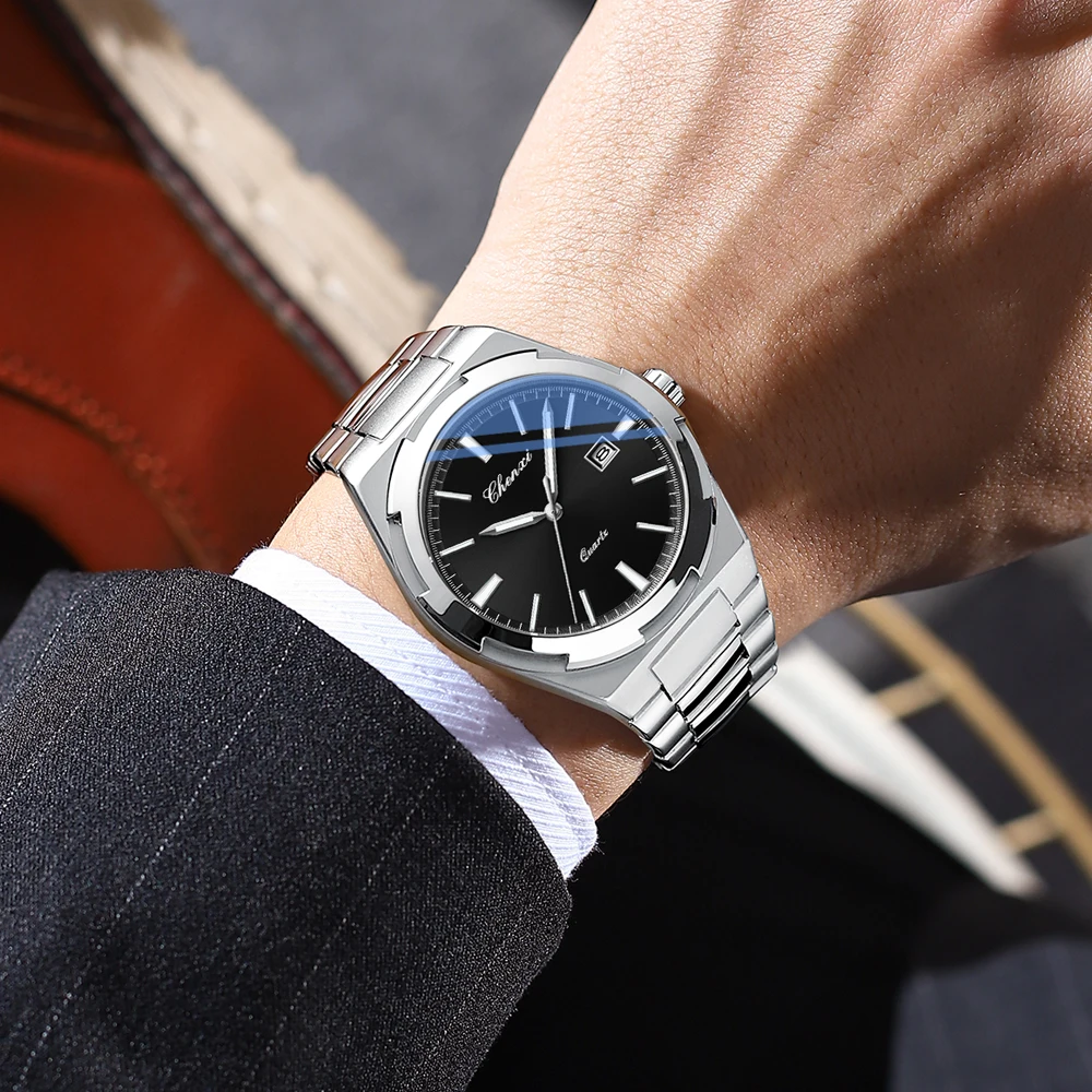 CHENXI Luxury Casual Men's Quartz Wristwatch Stainless Steel Waterproof Luminous Date Week Display Premium Quality Stylish Watch