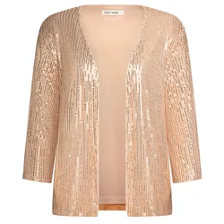 GK Women Cardigan Shiny Sequined Party Loose Fit 3/4 Sleeve Open Front Tops Spring Autumn Fashion Plus Size Jackets Coats