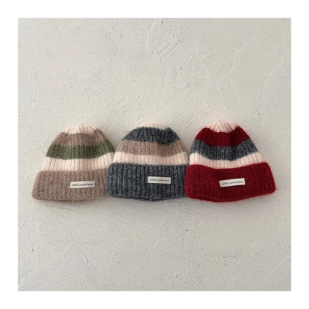 Contrasting Striped Children Knitted Hat Autumn And Winter Warm Thickened Woolen Cap Boys Girls Preppy Style Ear Protection Hat