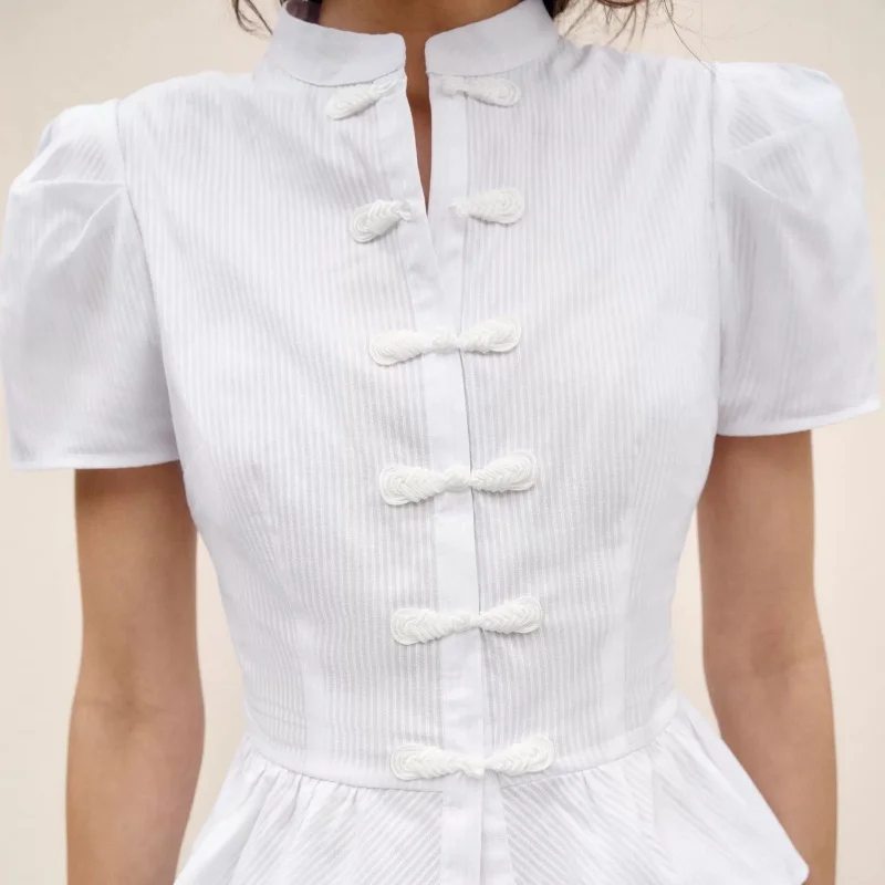New 2026 Early Autumn White Short Sleeve round Neck Rope Buckle A-Line Shirt Women's Fashionable Breathable Skin-Friendly