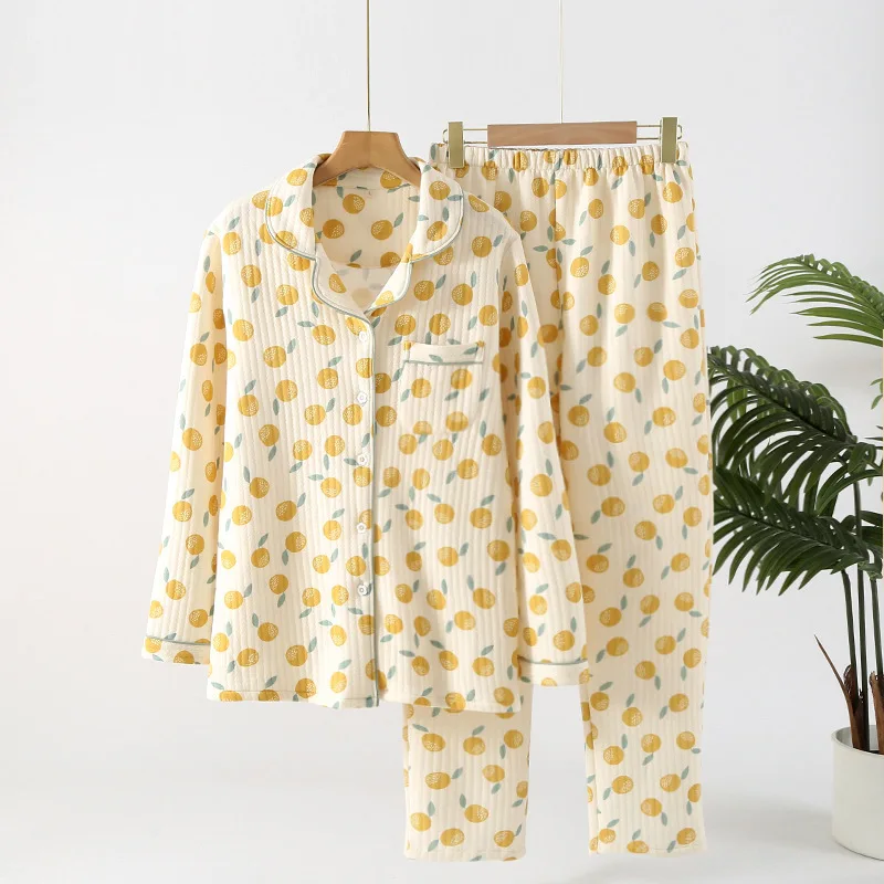 Conjunto de pijama de duas peças de algodão feminino, roupa de dormir, pijama, calças, manter aquecido, casa, outono, inverno, novo, 2024