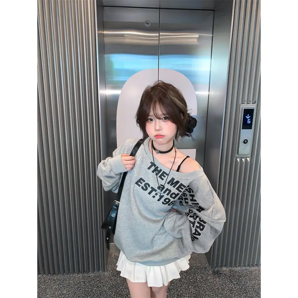 Skew Collar Letter Printing Long Sleeve Sweatshirts Female 2024 New Trend Sexy Loose Autumn All-match T-Shirts Strapless Top Tee