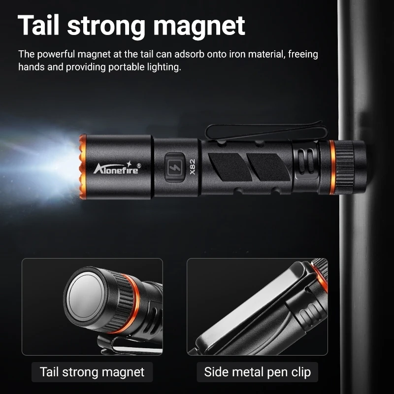 Mini EDC Flashlight USB Rechargeable Torch Work Light Outdoor Lantern Camping With Pen Clip And Tail Magnet X82