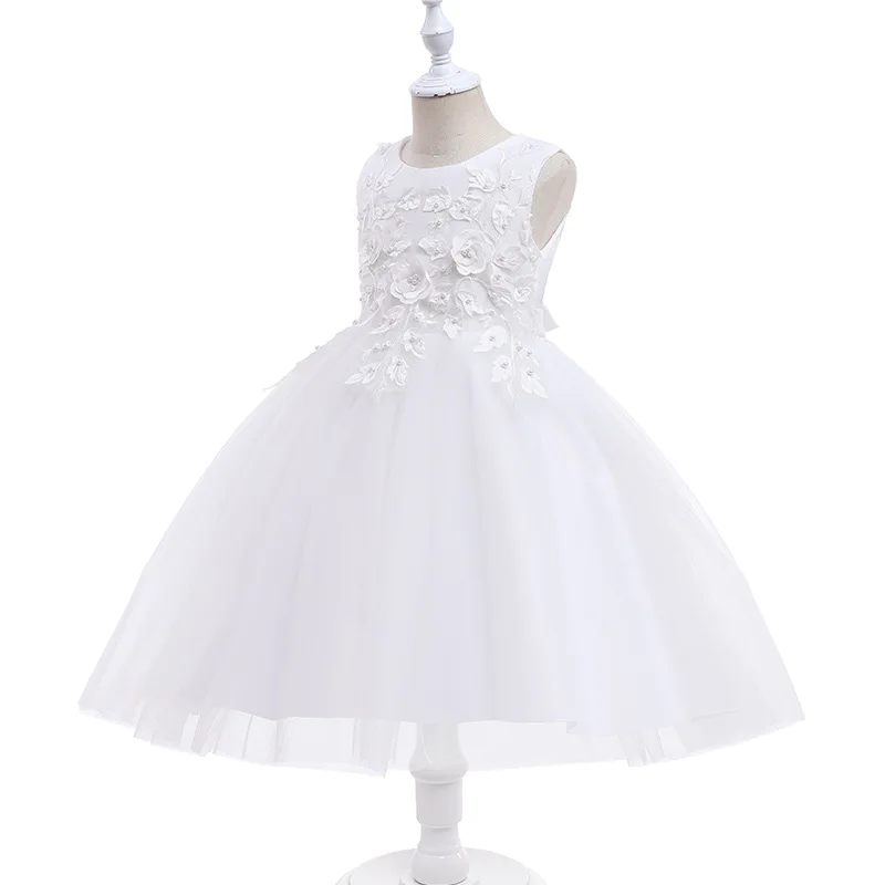 2023 Summer Kids Toddler Flower Girls White Pink Blue Tulle A-line Knee-length Dress for Birthday Pageant Wedding Party 1-9Y