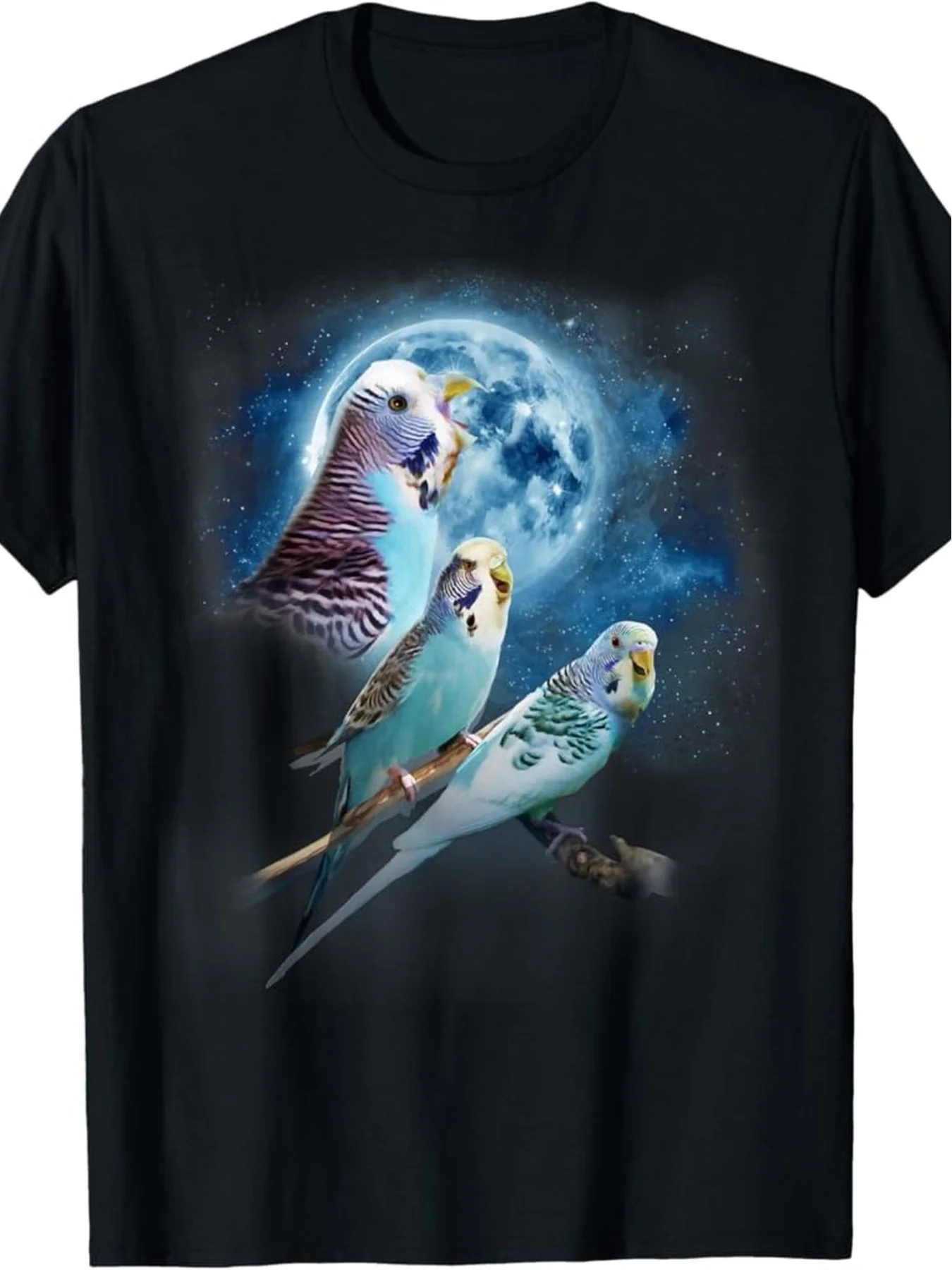 Men'S Funny Budgie Parakeet T-Shirt | Vintage Loose Fit Short Sleeve Tee With Howling Birds And Moon Night Sky Design, Black Cas