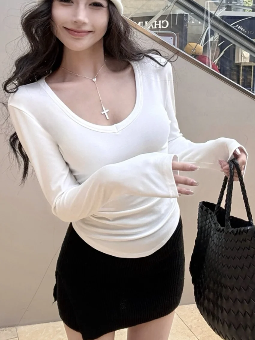 الغريبة كيتي Basewear تي شيرت نحيل شيك الصلبة المرأة أفخم الشتاء كم كامل جديد رشاقته الدافئة اليومية الخامس الرقبة OL كل مباراة تيز #4