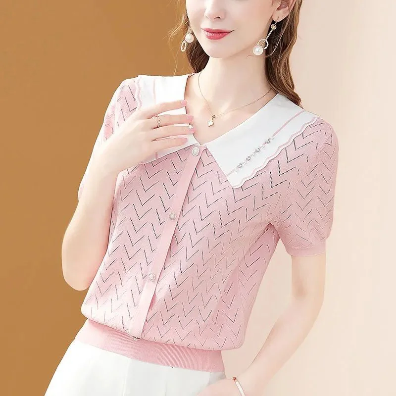 Fashion Loose Button Knitted Spliced Ruffles Beading Shirt Female Clothing 2024 Summer New Casual Tops All-match Commute Blouse